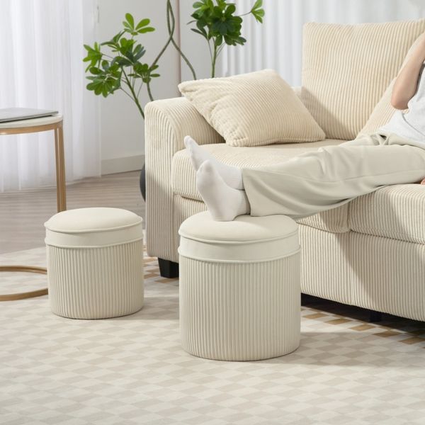 Sitzhocker-Set 2-Teilig Mit Stauraum & Plissé Design - Verschachtelbarer Hocker Gepolstert Samtbezug, Keine Montage