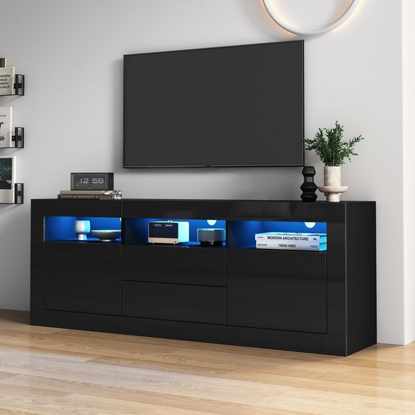TV-Schrank mit Hochglanz-Front, LED-Beleuchtung & Stauraum, 160 x 35 x 60 cm, Schwarz