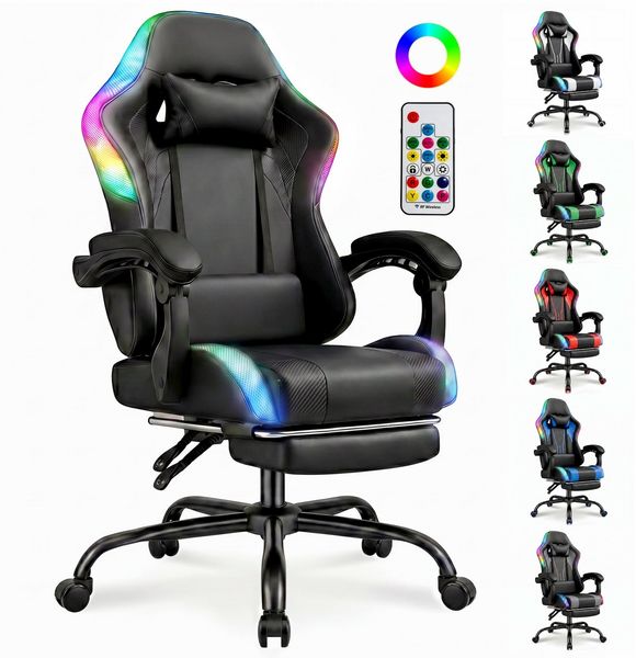 HOMALL Gaming-Stuhl mit LED,Ergonomisch,Fußstütze,computerstuhl,gaming stuhl mit massage, Ergonomischer Bürostuhl,Kopfstütze und Lendenstütze