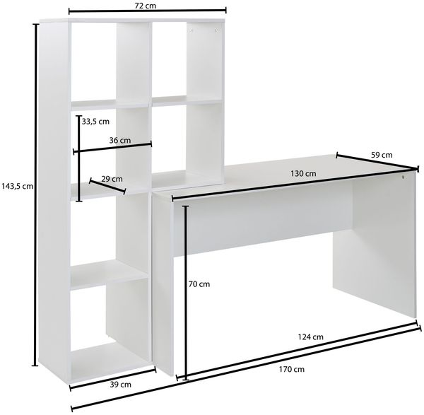 Schreibtisch mit Regal Weiß 170 x 59 x 143,5 cm Bürotisch Modern, Laptoptisch mit 6 Ablagen, Homeoffice Computertisch mit Stauraum Bild 4