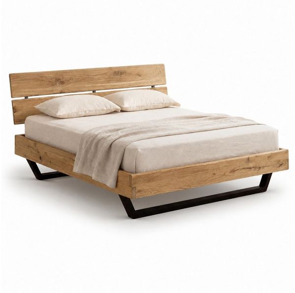 Liadomo Bettgestell Bologna, Bett, Doppelbett, Massive Eiche oder Akazie (Liegefläche 140 x 200, 160 x 200, 180 x 200 cm), Holzkopfteil, Industrial-Look, mit Metallkufen schwarz