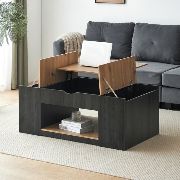 Couchtisch 109,5 x 59,7 x 43 cm mit Liftfunktion, MDF in Grau und Holzoptik, mit offenem Fach