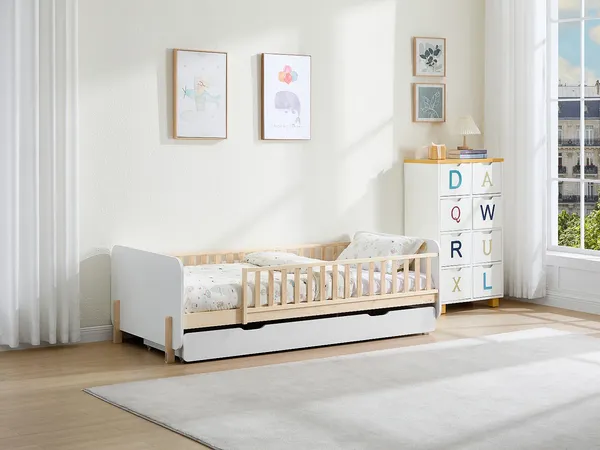 Vente-unique - LADEMI Bett Holz, Platte BeigeWeiß - B 99 cm x H 62,5 cm x L 200 cm