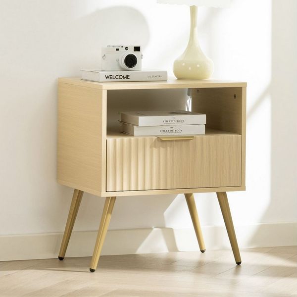 IDIMEX Nachtkommode MERVAL, Kleine Nachtkommode mit Schublade Metallfüße MDF-Front eiche/gold