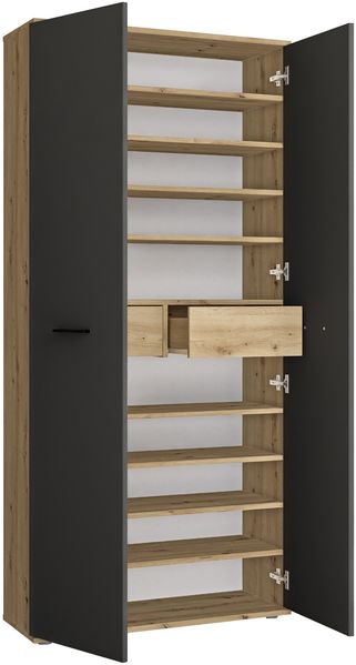 Schuhschrank >Leon< 2 Türen + Schübe, 9 Böden, Eiche Dekor / Anthrazit - 90x195x38cm BxHxT Bild 3