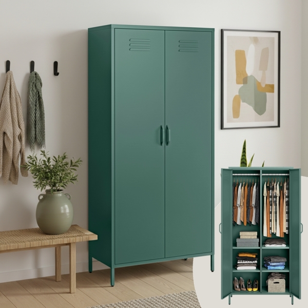 skølm 'Atria' Kleiderschrank, Metall, 170x45x80 cm, dunkelgrün, Garderobe mit 4 Fächern und 2 Kleiderstangen