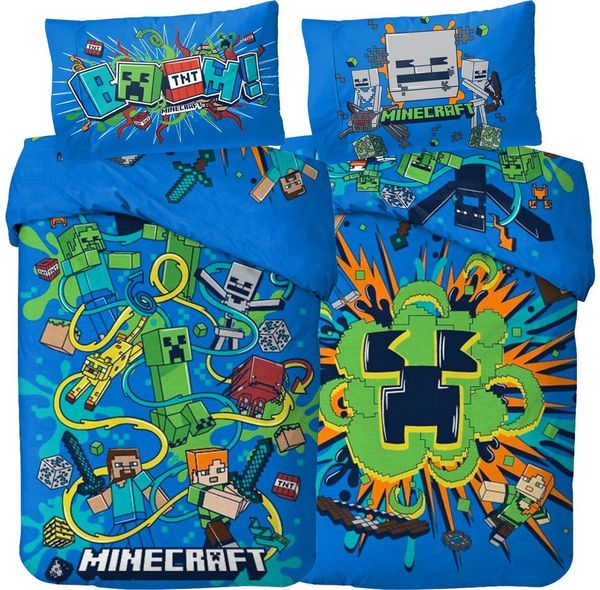 BERONAGE Wendebettwäsche Minecraft Bettwäsche Slurp Blast Linon / Renforcé, Baumwolle, 2 teilig, 135x200 + 80x80 cm