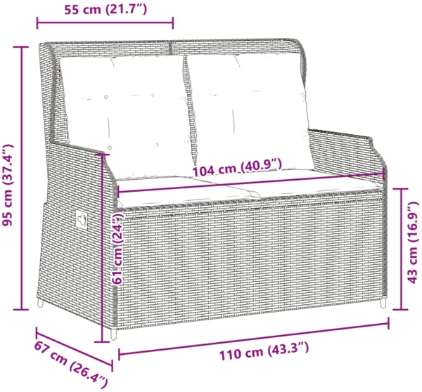 vidaXL Gartenbank Verstellbar mit Kissen Grau Poly Rattan 368957 Bild 8