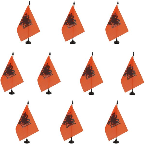 AZ FLAG - 10 Stück Tischflagge Albanien - 21x14 cm - Albanische Tischfahne 100% Polyester mit 25 cm Schwarzem Kunststoffstab und Sockel - 10er-Pack Kleine Büroflaggen