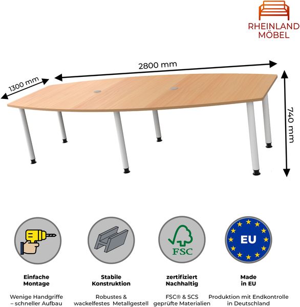 Rheinland Möbel Konferenztisch KONTI 280x130 cm – ovaler Besprechungstisch in Buche mit weißen Rundrohrfüßen & 2 Kabelauslässen, erweiterbarer Meetingtisch für 8–10 Personen, moderner XXL-Tisch fürs Büro Bild 3