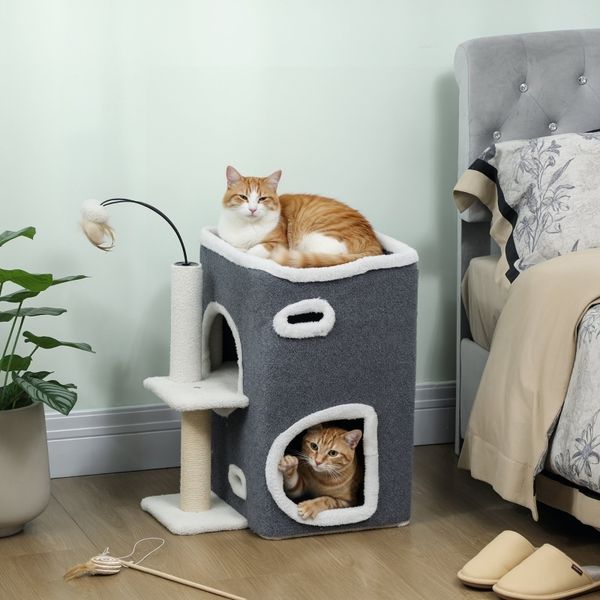 Katzenturm mit 2 Kondos & oberem Bett, Sisal Kratzpfosten, Spielbälle, platzsparend, für 1-2 Katzen bis 5kg, stabil