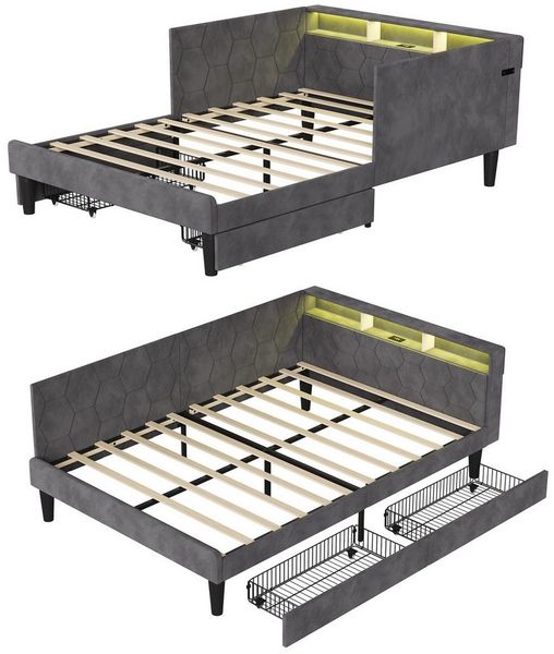 Furnishings Home Polsterbett 90 x 200cm, LED Daybett Tagesbett Ausziehbett (Mit 2 Schubladen, Geeignet für Jungen und Mädchen), Mit LED-Beleuchtung, Ladefunktion, Samt