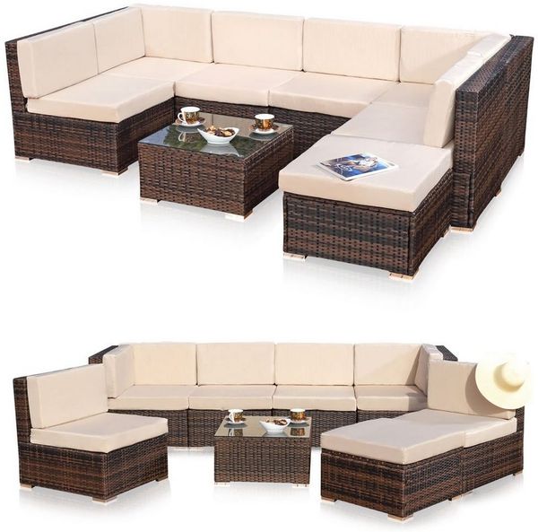 Feel2Home Garten-Essgruppe Gartensitzgruppe Terrassenmöbel Polyrattan Lounge versch. Farben, (Set, 1x Mehrteiliger Sofa 1x Ottomane 1x Tisch), Kissen inkl. Reißverschluss, daher abnehm- und waschbar