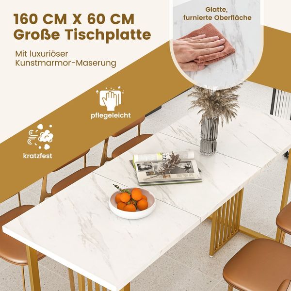Esszimmertisch Holz 160 x 60 cm rechteckiger Küchentisch mit Marmoroptik & Metallbeinen Weiß + Gold