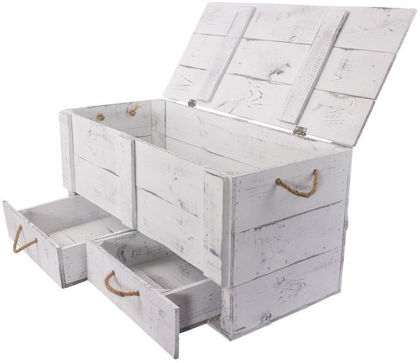 Kistenkolli Altes Land Allzweckkiste grosse shabby weiss Holztruhe Kalle mit Schubladen und Deckel (Spar-Set)