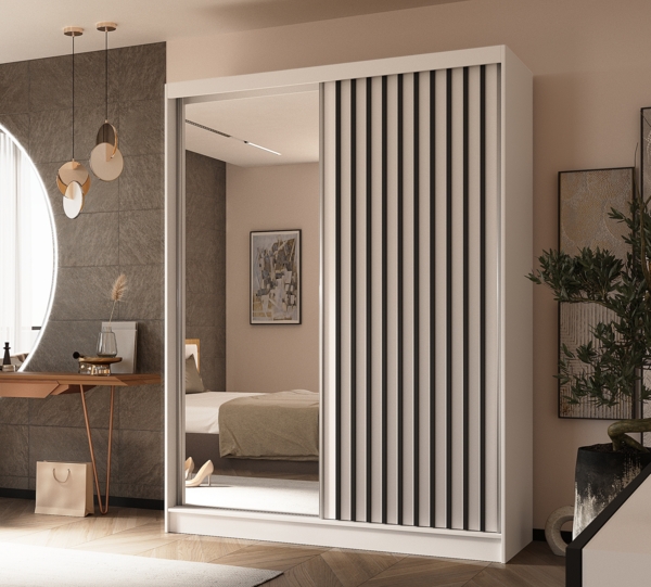 AX LIVING Cabinio Weiß Schrank mit Spiegel 160 cm Schwarze Lamellen Bild 2