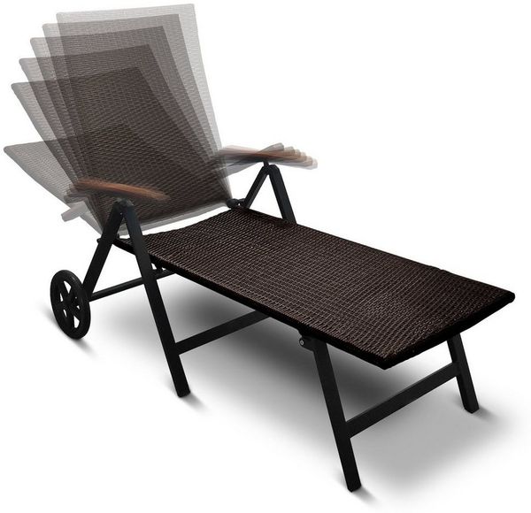 DM-Handel Rollliege Aluminium Rattanliege Modern Klappliege Sonnenliege, Relaxliege, 1 Gartenliege, 7 Fach verstellbar, Eukalyptusholz, klappbar, platzsparend, auf Rollen