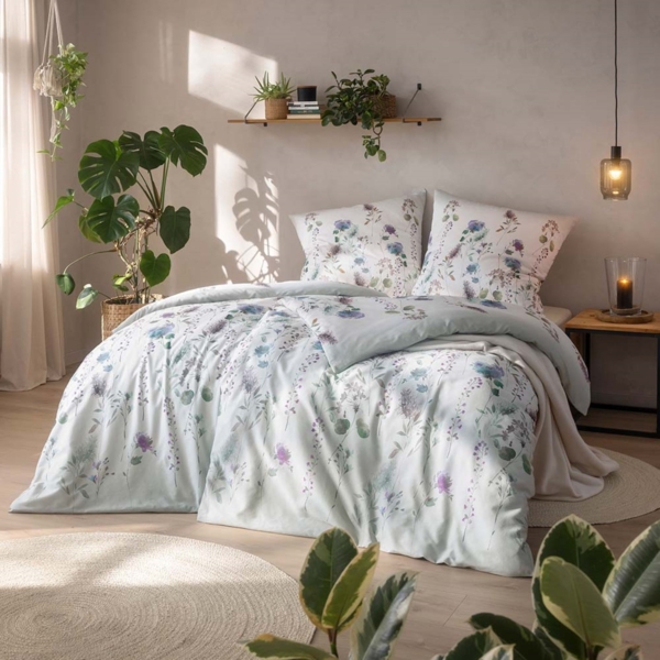 Estella Bio Mako Satin Bettwäsche 135x200 Carla salbei Blumenwiese lila 3426-532
