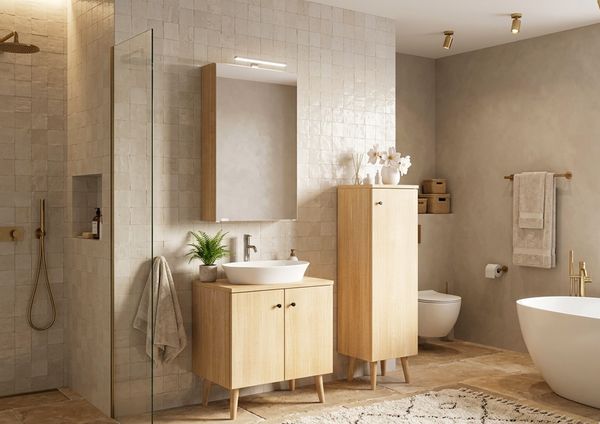Badezimmermöbel-Set Eiche-Dekor Spiegelschrank Waschtisch Badschrank mit Füßen V-90.59F-03