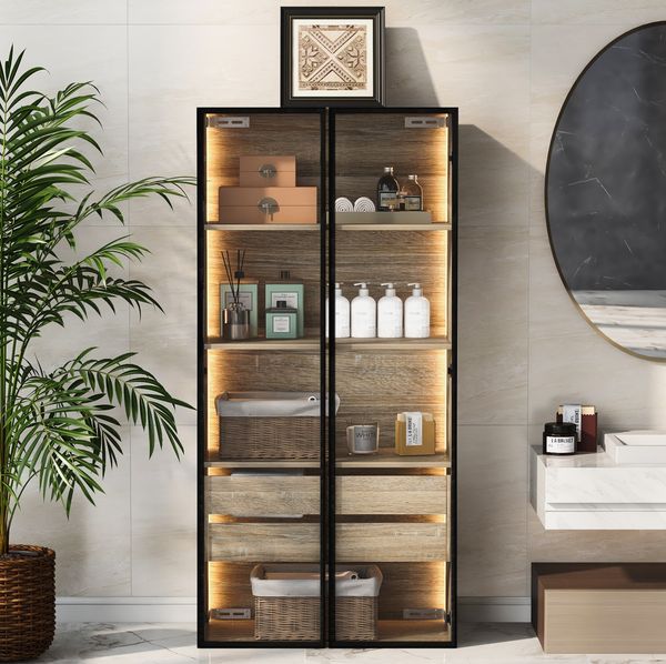 Badezimmerschrank 73 cm breit aus MDF, mit LED-Beleuchtung und Milchglastüren