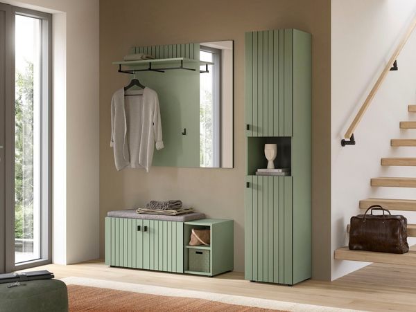 Home affaire Garderoben-Set TATIO, 4-tlg. Garderobenkombination, Breite: 161 cm, Rillenfräsung, (Set, 4-St, Set, best. aus: 1 Paneel, 1 Garderobenschrank,1 Sitzbank,1 Sitzkissen), Garderobenkombination, Kombi, Flur-Möbel, Spiegel,Schuhkommode