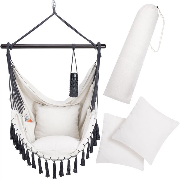 DETEX® Hängesessel mit Kissen und Flaschenhalter creme