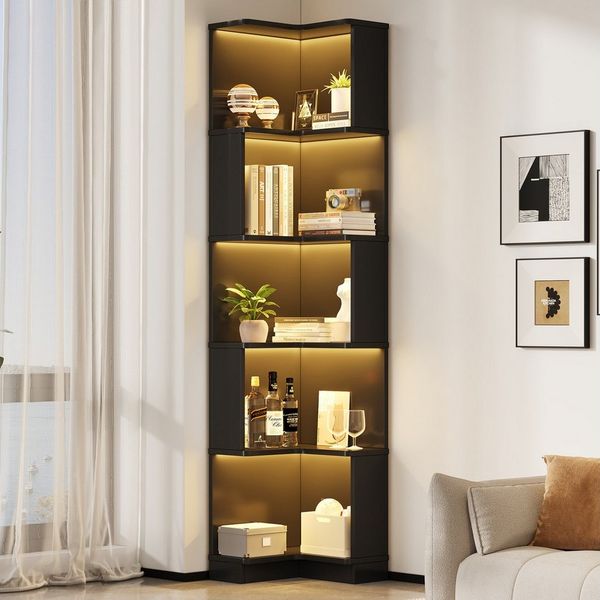 STILVORA Highboard Eckbücherregal Vitrine Hochschrank mit App-Steuerung LED, Schwarz (Multifunktionsbücherregal, L-förmiges Bücherregal, mit LED-Farbwechsel-Lichtleiste, fünfschichtiger Stauraum), 63.5 x 45 x 175cm