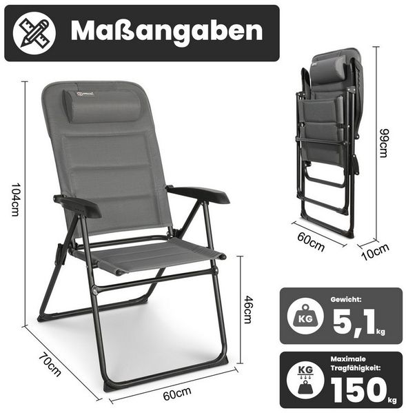 HOMECALL Campingstuhl Gartenstuhl Anglerstuhl Faltsessel Klappstuhl für Wohnwagen Outdoors (Textilene gepolstert mit Quick-Dry-Schaum, 2 St), 5 fach Verstellbarer Rückenlehne, Hochlehner, bis 150 kg