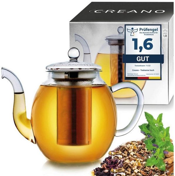 Creano Teekanne Creano Glas-Teekanne 1,0l, 3-teiliger Teebereiter mit integriertem, 1000 l, 1x Glasteekanne