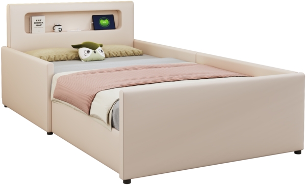 Merax Polsterbett Kinderbett 90*200 cm, Mit Nachtlicht und USB-Ladeanschluss, Mit Ablagefächern, Erhöhte Seitenteile zur Sicherheit, Einfaches Einzelbett, Kunstlederstoff, Beige Bild 10