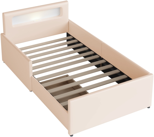 Merax Polsterbett Kinderbett 90*200 cm, Mit Nachtlicht und USB-Ladeanschluss, Mit Ablagefächern, Erhöhte Seitenteile zur Sicherheit, Einfaches Einzelbett, Kunstlederstoff, Beige Bild 9