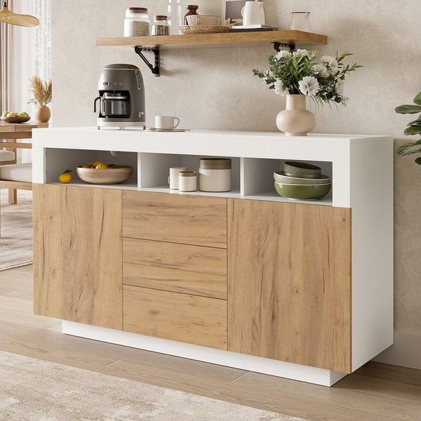 Flieks Kommode Aufbewahrungsschrank mit 3 Schubladen und 2 Türen (Schrank für Wohnzimmer, Flur, Esszimmer, Schlafzimmer, 1 St, B140/T40/H85 cm), Sideboard Mehrzweckschrank mit verstellbaren Einlegeböden Natur&Weiß