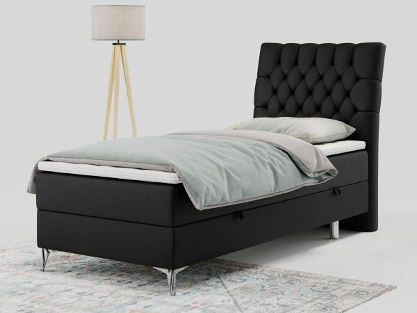 Boxspringbett MILEN, Einzelbett 90x200, Polsterbett mit Multipocket-Matratze und Topper - Schwarz Kunstleder - rechts - H3