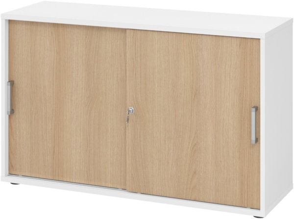 bümö Schiebetürenschrank 2OH - Aktenschrank abschließbar, Sideboard Schrank mit Schiebetüren in Weiß/Eiche, Chromgriff - Büroschrank aus Holz mit Schiebetür, Büro Kommode für Ordner & Co, 1752S-W-E-CE