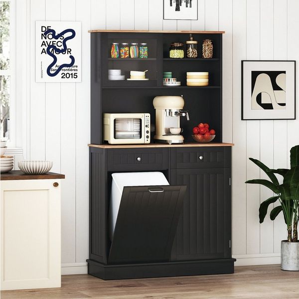 COSTWAY Küchenbuffet für 38L Mülleimer mit Arbeitsplatte, Hochschrank weiß
