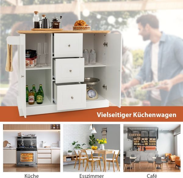 Küchenschrank Holz Kücheninsel mit 5 versteckten Rollen Küchenwagen mit Arbeitsplatte 127 x 46 x 91,5 cm Weiß