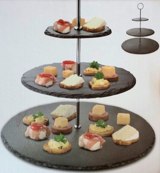 Spetebo Etagere Servier Etagere mit 3 Ablagen aus Schiefer, Schiefer, (Stück, 1-tlg, Servierständer), Servier Käse Wurst Tapas Platte mehrstöckig