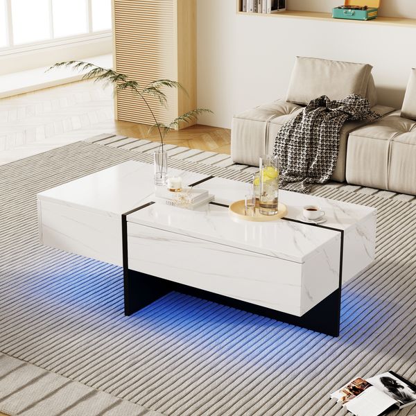 Couchtisch 100x50x34.5 cm, Marmoroptik Weiß, 3 Schubladen, App-gesteuerte LED-Beleuchtung