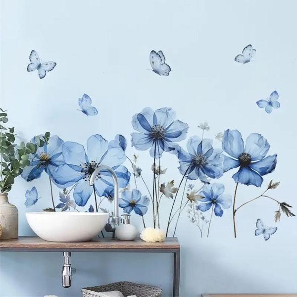Montegoni Wandsticker Wandtattoo Blumen & Schmetterlinge Blau – Selbstklebend & Wasserdicht (Einzelstück, 1 Wandtattoo), Selbstklebend & Abnehmbar, Wasserdicht, Elegantes Blumen