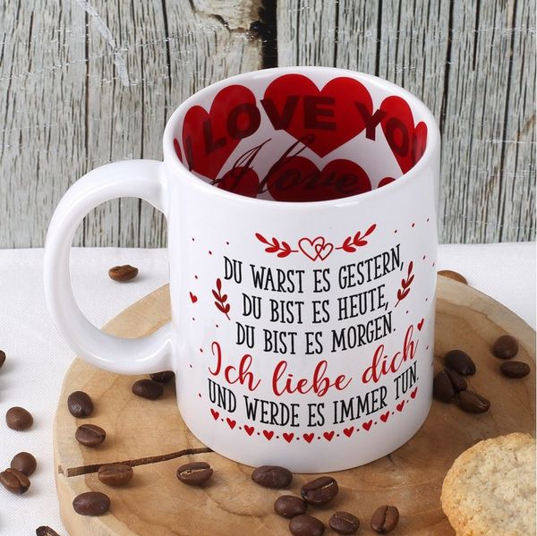 Herz & Heim Tasse mit Liebes-Motiven für Paare & Verliebte als Geschenk zum Valentinstag, innen & außen bedruckt
