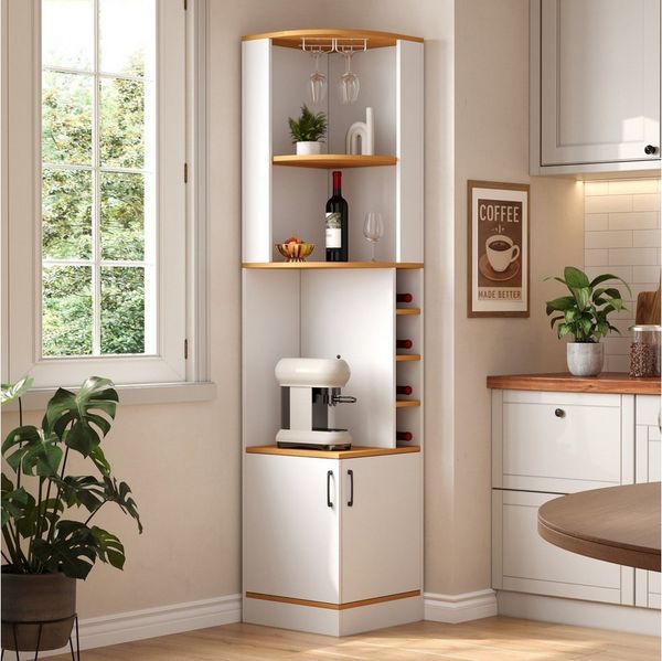 Flieks Eckschrank Hochschrank mit Weinglasregal, Gläserhalter, Ablagen und 2 Türen (40×40×182 cm, 1-St) Mehrzweckschrank Eckregal Küchenschrank Landhausstil Weiß