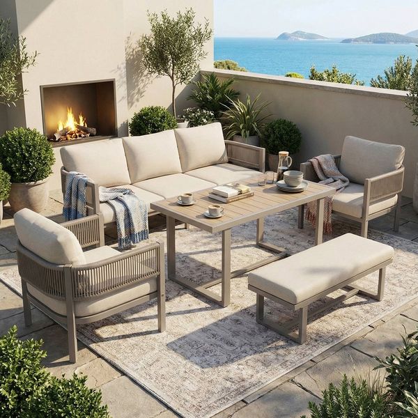 Odikalo Gartenlounge-Set Gartensofa Gartenmöbel-set Gartenstühle mit Armlehnen, (mit bequemen Kissen 3-Sitzer-Sofa 2 Sessel eine Bank und einen Esstisch Tischplatte aus WPC PE-Geflechtseil Gestell aus verzinktem Eisen beige)