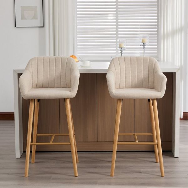 MODFU Barhocker 2er-Set Küchenstühle mit hoher Rückenlehne und Armlehnen (elegante Leinen-Sitze auf Holzbeinen), Barstühle Bistrohocker