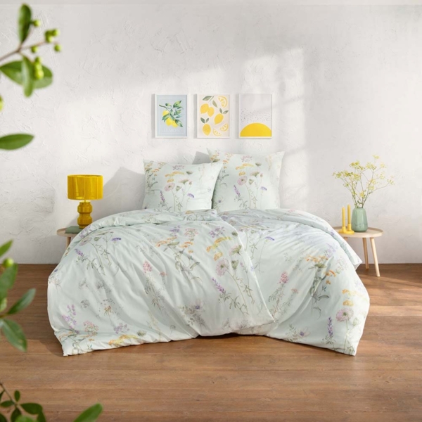 Estella Mako-Batist Bettwäsche 135x200 Primavera mint Wiesenblumen 2205-520
