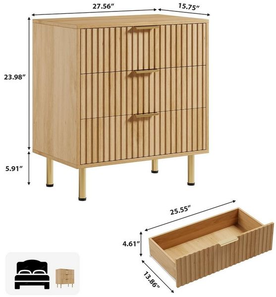 GarveeMore Kommode mit 3 Schubladen,Metallgriffen,Holzaufbewahrungsschrank, 70x40x75CM Geriffelte Kommode Beistelltisch für Wohnzimmer, Flur