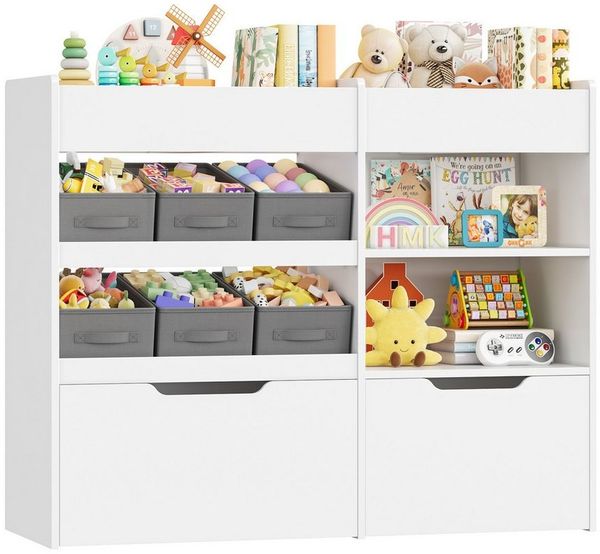 HOMECHO Kinderregal, mit 6 Boxen auf Rollen, Regal Kinderzimmer, Weiß, 108.6 x 88.5 x 30 cm