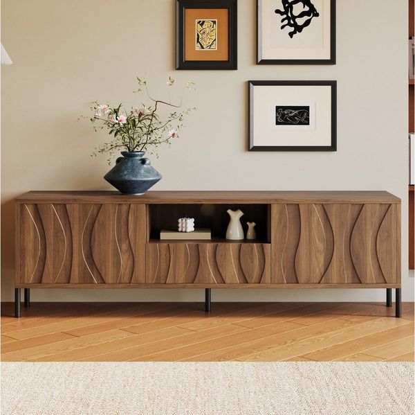 MODFU TV-Schrank Aufgeräumte TV-Lösung mit Kabeldurchführungen (Packung, 1-St, Inkl. Montagevorbereitung und Eisenfüßen für maximale Ordnung) 160x35x46 cm, in Natur, 3 wellenförmige Türen vor 4 Fächern