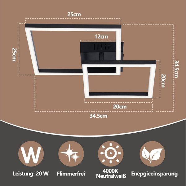 ZMH LED Deckenleuchte Wohnzimmer - Quadratisch Schwarz Eckig 3000K/4000K Deckenlampe Flur, Augenschutz, Einfache Installtion, LED fest integriert