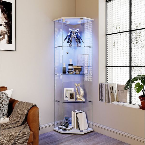 FUROKOY Glasvitrine Fünfeckige Standvitrinen (Weiß 5 Lagen Sammlervitrine) Vitrinenschrank mit 1 Glastür für Sammler, Bücher, 162 x 60 x 42.5 cm