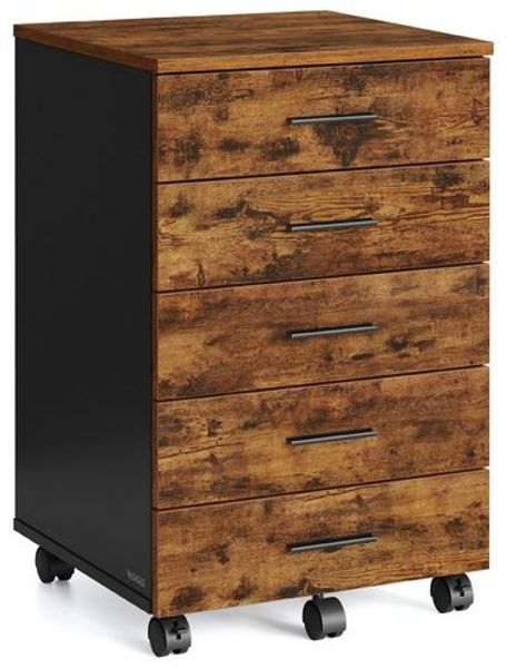 VASAGLE Rollcontainer, Aktenschrank, Schubladenschrank, Druckerständer, 5 Schubladen, mit werkzeuglosen Gleitschienen, braun